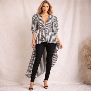 Zanzea Striped High-Low Peplum Blouse Black White XL